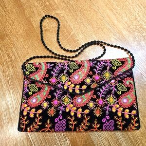 Embroidered Black and Multicolor Clutch
